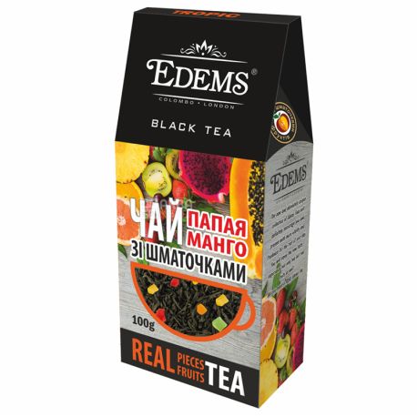 Edems, Papaya Mango, 100 г, Чай Едемс, Папайя і манго, чорний зі шматочками фруктів