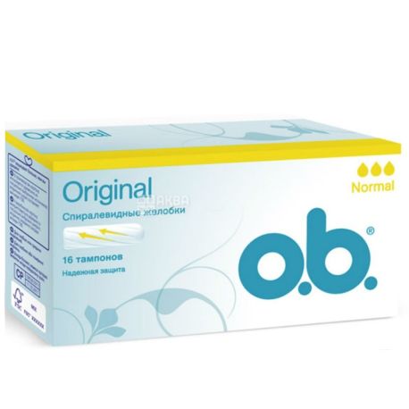 o.b., Original Normal, 16 шт., Тампони гігієнічні, без аплікатора, спіралеподібні, 3 краплі