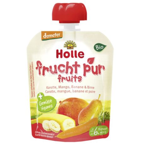 Пюре детское органическое, морковь, манго, банан и груша, 90 г, ТМ Holle