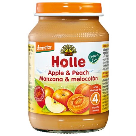 Пюре дитяче органічне, яблуко і персик, 190 г, ТМ Holle
