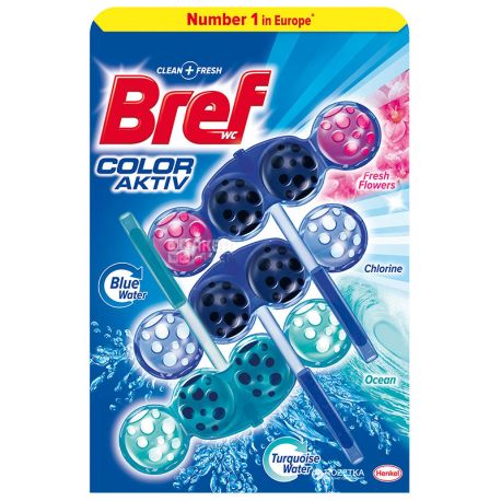 Bref Сила Актив, Цветная вода, Средство по уходу за унитазом, 3 x 50 г