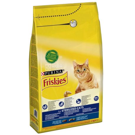 Friskies Sterilised, 1,5 кг, Корм для стерилизованных котов, сухой, Лосось и Овощи