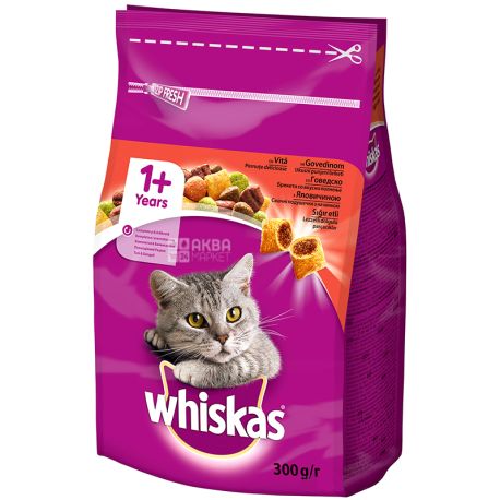 Whiskas, 300 г, Сухий корм для дорослих котів, з яловичиною