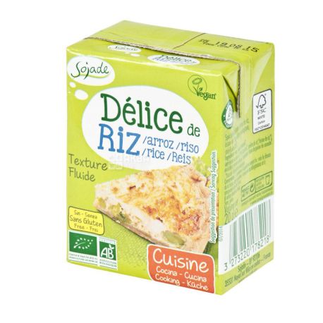 Sojade Delice Riz Cuisine Organic, 200 мл, Сояде, Рисовые сливки, кулинарные, органические, без глютена и лактозы