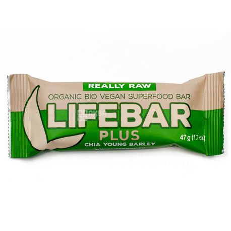Протеиновый органический батончик со вкусом чиа и молодого ячменя, Lifebar Plus 47 г, ТМ Lifefood