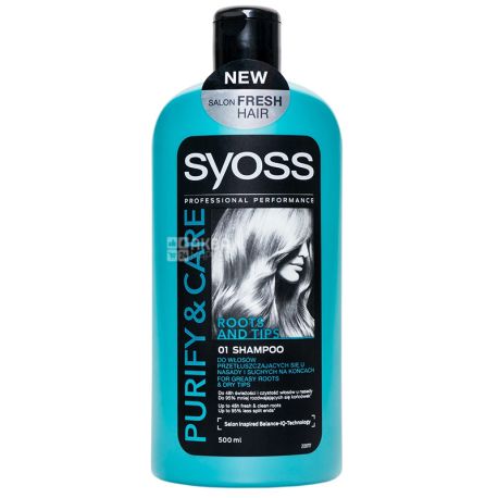 Syoss Purify & Care, 500 мл, Шампунь для волос жирных у корней и сухих на кончиках