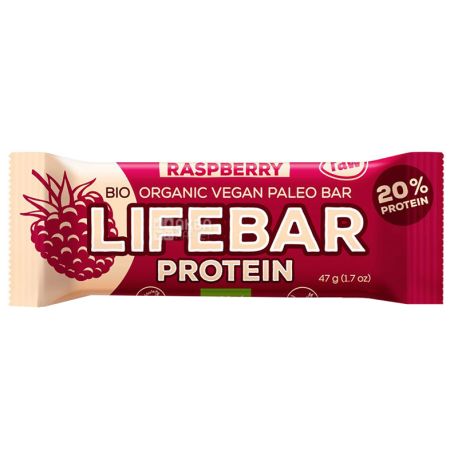 Bar organic protein Lifebar Raspberry, 47 g, TM Lifefood