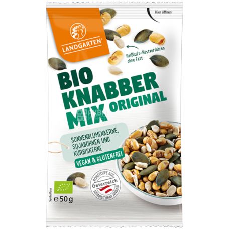 Смесь семян сои, тыквы и подсолнуха органическая Bio Knabber Mix Original, 50 г,  ТМ Landgarten