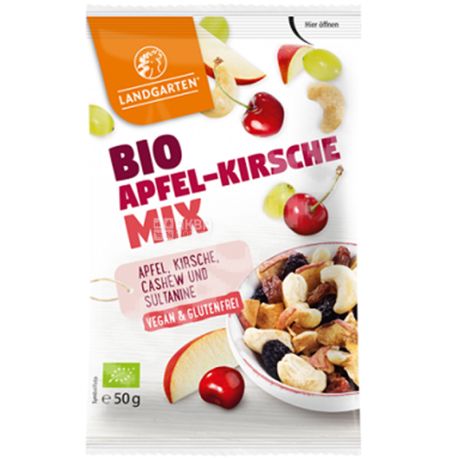 Суміш кеш’ю, вишні, яблук органічна Bio Apfel-Kirsche Mix, 50 г, ТМ Landgarten
