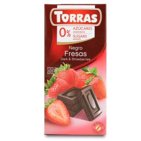 Torras Negro Fresas, Черный шоколад с клубникой, без сахара, 75 г