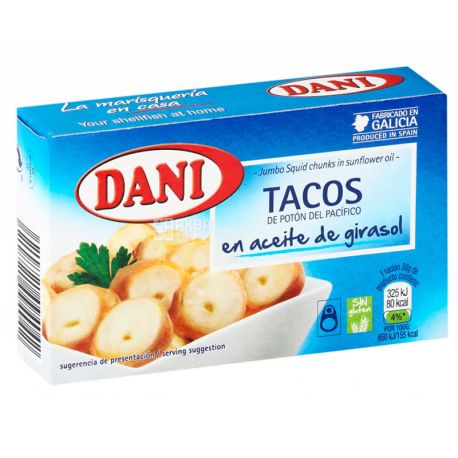 Dani, Кальмар гигантский кусочками, в подсолнечном масле, 106 г