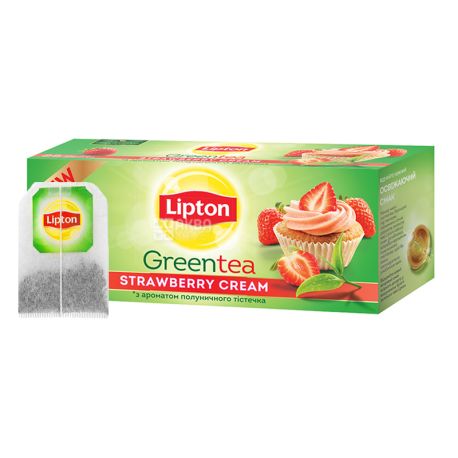 Lipton, Strawberry Cream Super tasty, 25 пак., Чай Ліптон, Полуничний крем Супер смачний, Зелений з ароматом полуниці