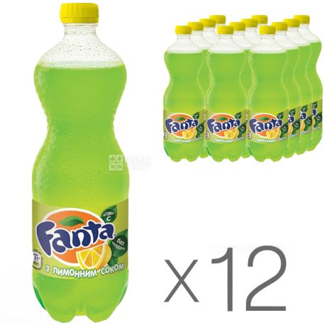 Fanta, Лимон, Упаковка 12 шт. по 1 л, Фанта, Вода сладкая, с натуральным соком, ПЭТ