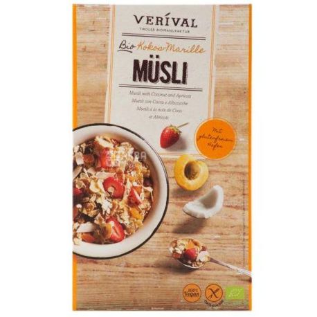 Verival, 325 г, Мюслі Верівал, суміш злаків, кокос, абрикос, органічні, сухий сніданок, швидкого приготування