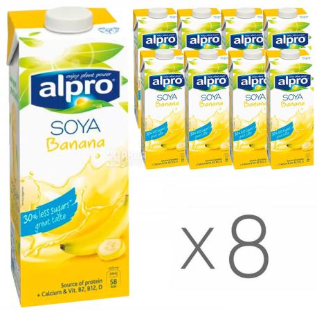 Alpro, Soya Banana, Упаковка 8 шт. по 1 л, Алпро, Соевое молоко, со вкусом банана, витаминизированное