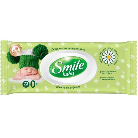 Smile Baby, wet wipes with chamomile and aloe, 72 pcs.