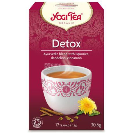 YogiTea, Detox, 17 пак., Чай ЙогиТи, Детокс, травяной с корицей и лакрицей, органический