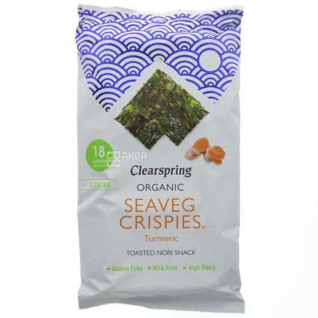 Clearspring, Водорості морські хрусткі, Куркума органічні, 3х4 г