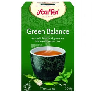 YogiTea, Green Balance, 17 пак., Чай ЙогіТі, Баланс, зелений з лемонграсом і м'ятою, органічний