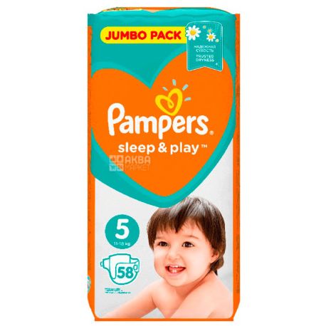 Pampers, Sleep & Play, 58 шт., Памперс, Підгузки, Розмір 5, 11-18 кг