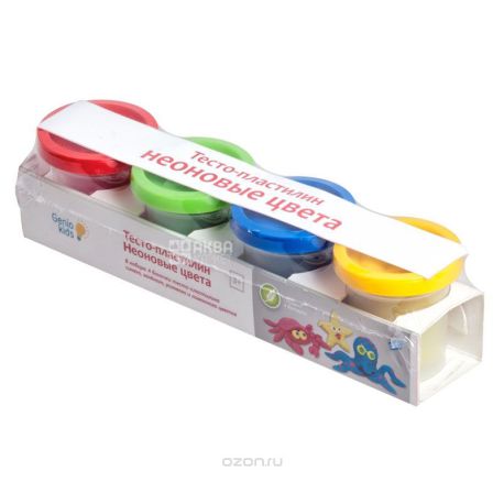 Genio Kids, Dough clay for modeling, neon, 4 colors, 50 g each