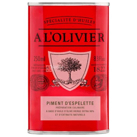 A L'Olivier, Масло оливковое экстра верджин с перцем эспелет, 250 мл