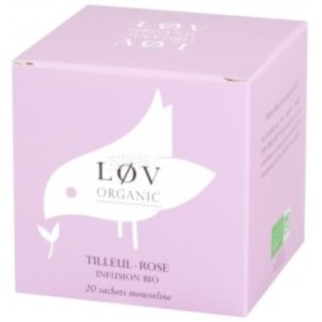 LoV Organic, Tilleul-Rose, 20 пак., Чай Лов Органік, Трав'яний, органічний, липа і пелюстки троянди