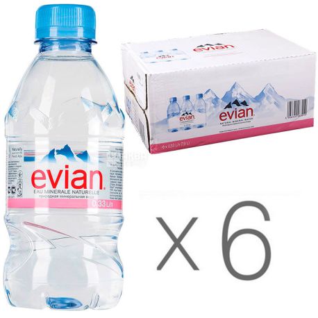 Evian, Упаковка 6 шт. по 0,33 л, Вода негазированная, ПЭТ