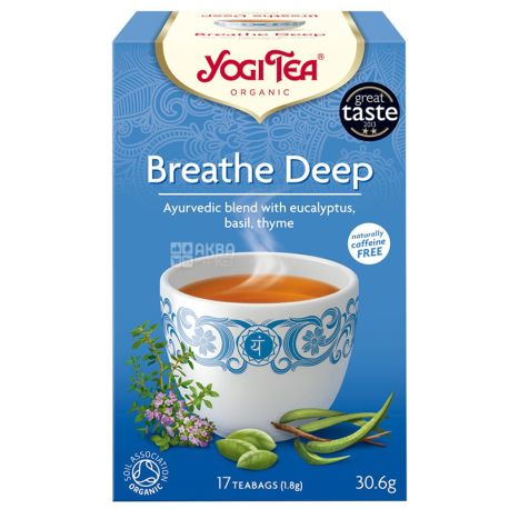 YogiTea, Breathe Deep, 17 пак., Чай ЙогиТи, Дышите глубоко, с эвкалиптом, базиликом и тимьяном, органический