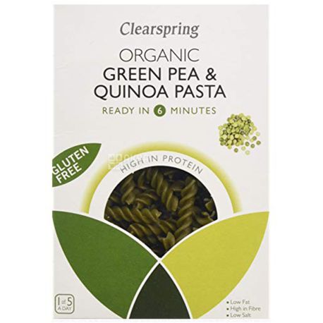 Clearspring, Green pea and Quinoa pasta, 250 г, Макарони з зеленого горошку і кіноа, органічні