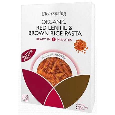 Clearspring, Red lentil and brown rice pasta, 250 г, Макарони, червона сочевиця, коричневий рис