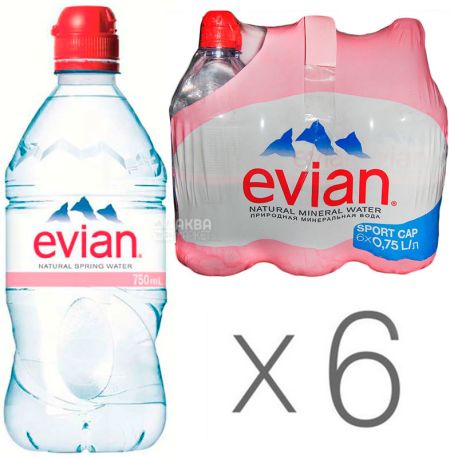 Evian, Спорт, 0,75 л, Упаковка 6 шт., Эвиан, Вода негазированная, ПЭТ
