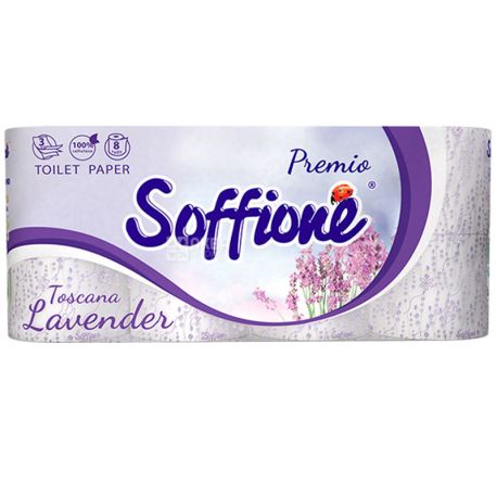 Soffione Lavender, Toilet paper on the sleeve, white, three-layer, 8 rolls