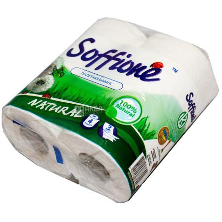 Soffione Natural, 4 рул., Туалетний папір Соффіоне, Натуральна, 3-х шаровий