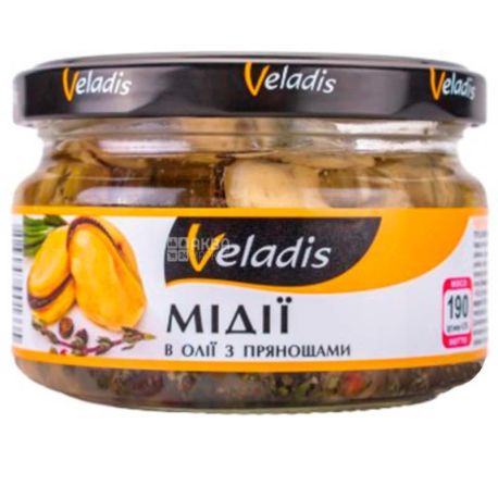 Veladis, Mussels in oil, With spices, 190 g