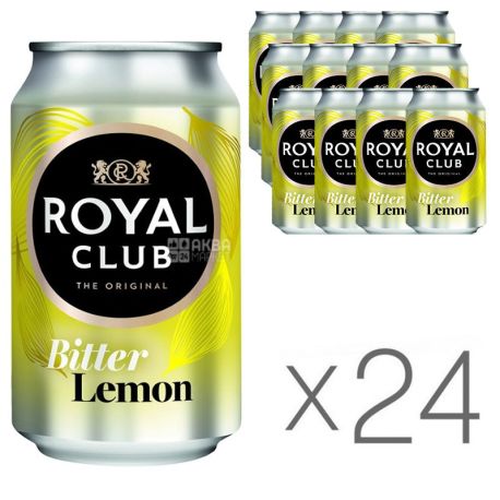 Royal Club, Bitter Lemon, Упаковка 24 шт. по 0,33 л, Роял Клаб, Горький Лимон, Напій газований, з натуральним соком, ж/б