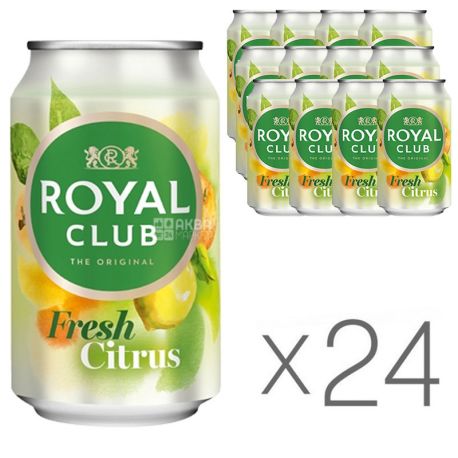Royal Club, Fresh Citrus, Упаковка 24 шт. по 0,33 л, Роял Клаб, Фреш Цитрус, Напиток газированный, с натуральным соком, ж/б