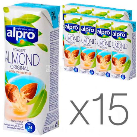 Alpro, Almond Original, Упаковка 15 шт. по 250 мл, Алпро, Мигдалеве молоко, оригінальне, вітамінізоване