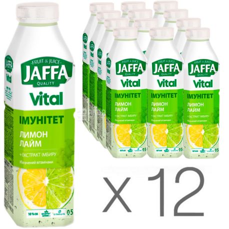 Jaffa, Vital Immunity, 0,5 л, Упаковка 12 шт., Джаффа, Напій соковий, Лимон-Лайм з екстрактом імбиру, ПЕТ