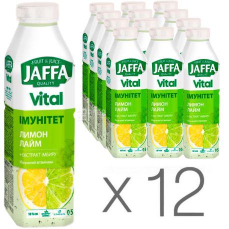 Jaffa Vital Immunity, Упаковка 12 шт. х 0,5 л, Напиток негазированный сокосодержащий Лимон-Лайм с экстрактом Имбиря Джаффа, ПЭТ