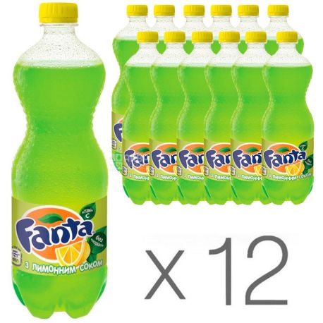 Fanta, Лимон, Упаковка 12 шт. по 1 л, Фанта, Вода сладкая, с натуральным соком, ПЭТ