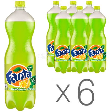Fanta, Лимон, Упаковка 6 шт. по 1,5 л, Фанта, Вода сладкая, с натуральным соком, ПЭТ