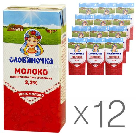 Словяночка, Молоко ультрапастеризованное 3,2%, 1 л, упаковка 12 шт.