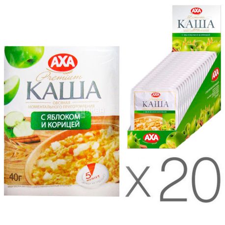 АХА, 40 г, упаковка 20 шт., Каша вівсяна, з яблуком і корицею, моментального приготування