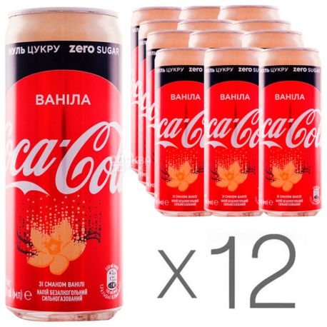 Coca-Cola Zero, Vanilla, Упаковка 12 шт. по 0,33 л, Кока-Кола Зеро, Ваниль, Вода сладкая, низкокалорийная, ж/б