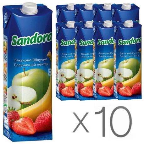 Sandora, Бананово-яблочно-клубничный, Упаковка 10 шт. по 0,95 л, Сандора, Нектар натуральный