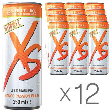 XS Power Drink, Mango, упаковка 12 шт. по 0,25 л, Напій енергетичний ІксЕс, Манго і маракуйя