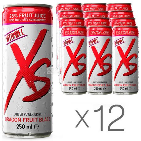 XS Power Drink, Dragon Fruit, упаковка 12 шт. по 0,25 л, Напиток энергетический ИксЭс, Питахайя