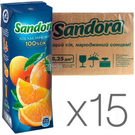 Sandora, Апельсиновый, 0,25 л, Сандора, Сок натуральный, упаковка 15 шт.