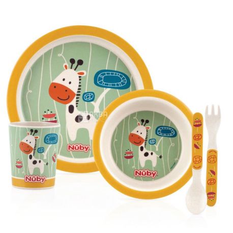 Nuby, Набор для кормления, бамбуковый, желтый, 5 приборов